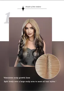 Detail of synthetic long wavy wig featuring simulated scalp for free parting style