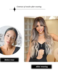 Vorher-Nachher-Vergleich einer langen welligen Balayage-Perücke in Ombré-Braun und Blond