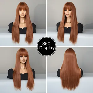 Vue à 360 degrés de la longue perruque synthétique rousse et lisse avec frange pour femme