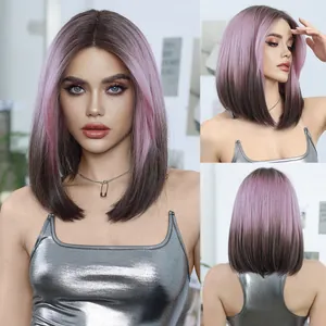 Κοντή Ίσια Bob Lace Front Ombre Περούκα για Γυναίκες Θερμοανθεκτική Συνθετική Ίνα Ροζ Καφέ Γκρι Ανταύγειες Πάρτι