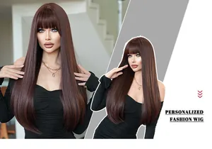 Detailed view of long straight mocha brown wig with bangs and sleek layered finish