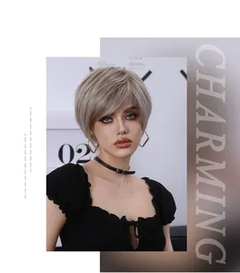 Detail of layered short bob wig in ash blonde and champagne gold with side bangs