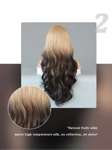 Detail of matte high temperature silk hair showing natural fluffy texture and ombré wave