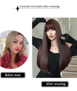 Before and after contrast showing long straight brown wig with flat bangs on a model