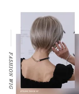 Detail view of champagne gold short wig with side bangs on the neck and nape area