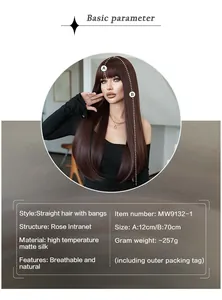 Detail view of mocha brown long straight wig with bangs made of breathable matte silk