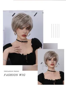 Detail shot of champagne gold short straight wig with side bangs and layered cut for women