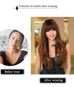 Detailansicht der braunen Ombré-Langhaarperücke mit Pony im Vorher-Nachher-Styling-Vergleich