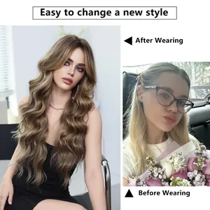 Perruque synthétique longue ondulée blond ombré comparaison avant et après le coiffage
