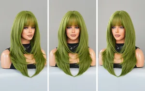 Three-way view of green long layered wig with bangs for St. Patrick's Day party
