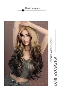 Model wearing long wavy ombre blonde lace front synthetic wig with voluminous body waves