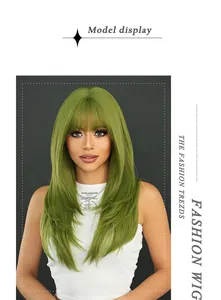 Detailed texture of long grass green synthetic wig with fashion layers and flat bangs