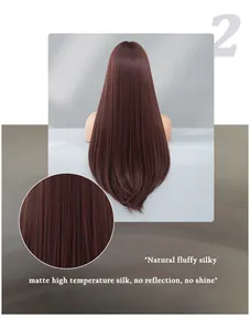 Macro detail of matte high temperature silk texture on long straight mocha brown wig