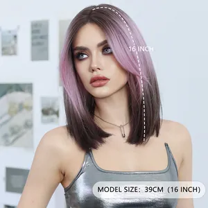 Ροζ και καφέ ντεγκραντέ lace front περούκα bob 16 ιντσών ίσιο συνθετικό μαλλί με αφέλειες