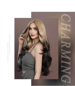 Detail view of long ombre blonde body wavy synthetic lace front wig on a model