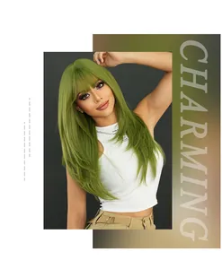 Detail of long straight grass green wig with bangs showing smooth fiber texture