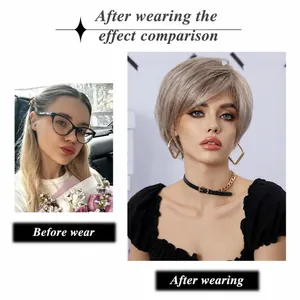 Short silver grey synthetic wig for women with layered cut and side swept bangs
