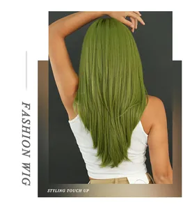 Rear view showing the V-shaped layered cut of this long straight grass green fashion wig
