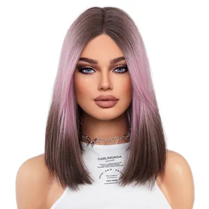 Κοντή περούκα bob lace front σε ροζ ombre καφέ με χωρίστρα στη μέση για γυναίκες