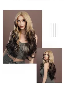 Detail showing long ombre blonde to brown wavy wig with high-density layered texture