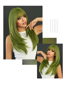 Detail of emerald green long straight wig with bangs for fashion cosplay party