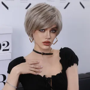 Short blonde straight wig with side bangs for women in ash gold finish for trendy styling