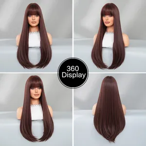 360-degree display of long straight mocha brown wig with bangs and layered ends