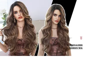Detailed view of long wavy brown mixed blonde synthetic T-part lace wig for women