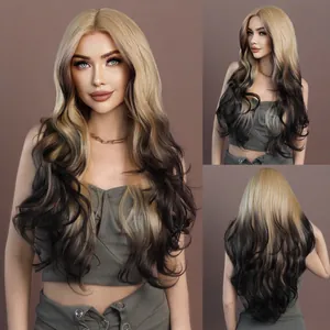 Ombre Platinum Blonde Long Wavy Wig For Women Synthetic Heat Resistant Fiber Body Wave Lace Front Wig Daily Party Hair Replacement