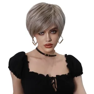 Short straight ash grey wig for women with side bangs and natural layered cut