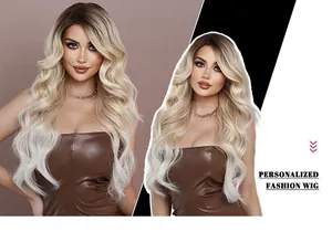 Detail of long wavy synthetic wig with champagne gold ombre and deep side part