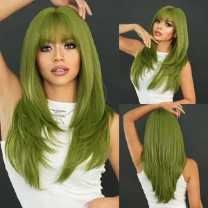 Western St Patricks Day Party Long Straight Wig For Women High Temperature Fiber Layered Full Head Set With Flat Bangs