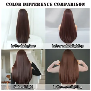 Mocha brown straight wig color comparison in natural, indoor, and warm lighting