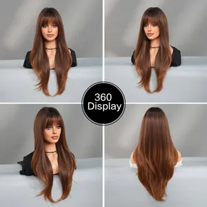 Detaillierte 360-Grad-Ansicht der langen braunen Ombre-Kunsthaarperücke mit Pony und Stufenschnitt