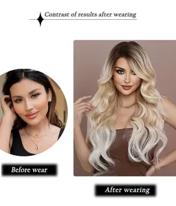 Before and after contrast showing the long ombre blonde wavy wig volume and style