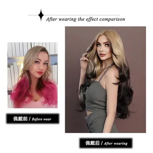 Long wavy ombre wig with light blonde gradient to dark brown t-part lace hair style