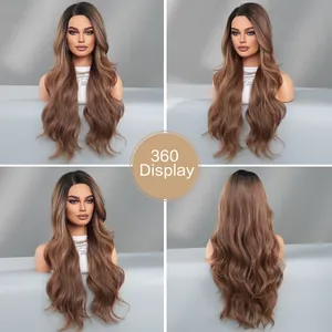 360-degree view of a long wavy ombre brown lace wig with natural dark roots