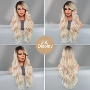 360-degree display of long wavy champagne blonde lace wig with dark roots detail
