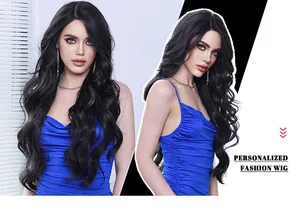 Detail of natural black long wavy hair wig showing glossy waves and layered texture