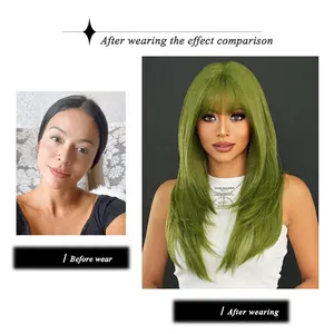 Long straight olive green synthetic wig with bangs and layered cut for St. Patrick's Day