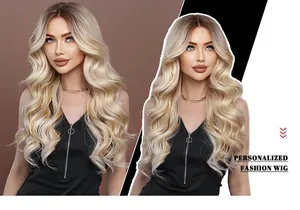 Detailed texture of long ombre blonde wavy wig with dark roots and lace front design