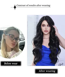 Side-by-side view showing natural hair versus long black wavy synthetic lace wig result
