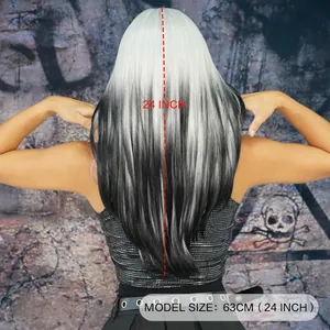 Peluca larga de 24 pulgadas degradado plata negro, pelo liso de estilo punk