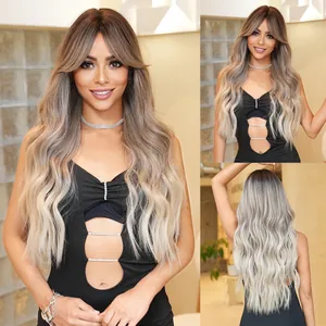 Lange Wellige Ombre Perücke Für Damen Milchtee Braun Große Welle Synthetische Hitzebeständige Faser Haar Mit Pony Für Täglich Party