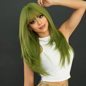 Long straight grass green wig with bangs and layered cut for Saint Patrick's Day party
