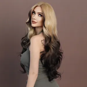 Long ombre blonde body wavy synthetic lace front wig with natural hair texture on a model