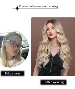 Before and after comparison of long ombre blonde wavy wig showing volume and style