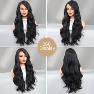 360-degree view of long wavy black synthetic lace wig showing front side and back views