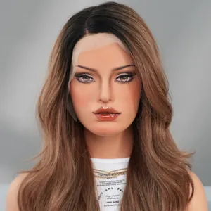 Detailed texture of mocha brown ombre long wavy hair lace front wig with natural hairline