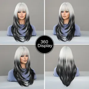 Vista de 360 grados de la peluca larga a capas con degradado blanco plateado y negro